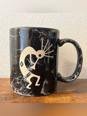 VTG 90s Kokopelli Coffee Mug Black Marble Highwave Eagle Bottom Made in USA